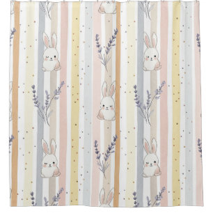 Rabbits Lavender Pastel Botanical Stripes Shower Curtain