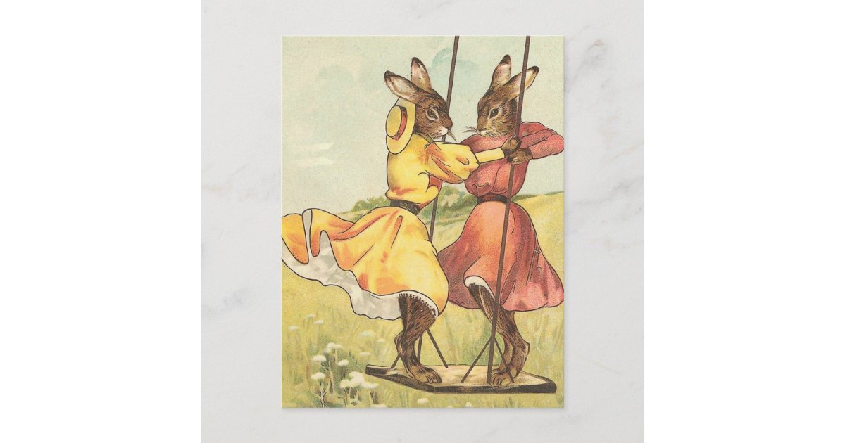 "Rabbits on a Swing" Vintage Easter Holiday Postcard