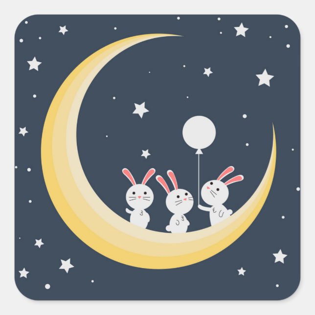 Rabbits on the moon square sticker (Front)