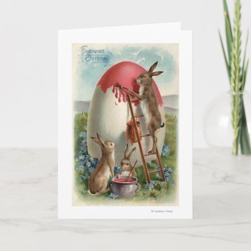 Rabbits Painting an Egg Holiday Card