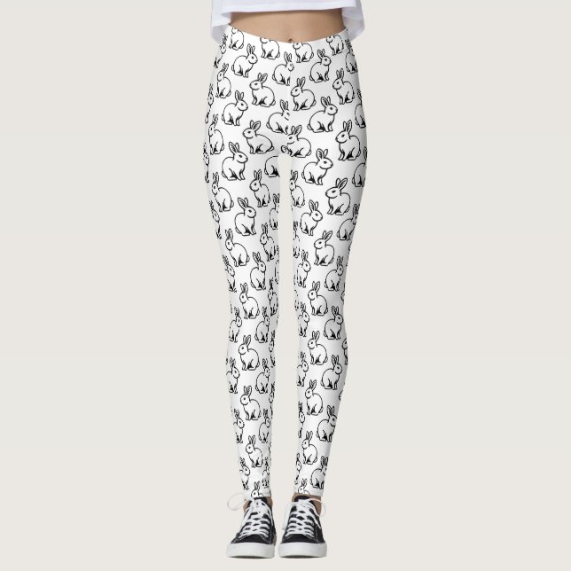 Rabbits Pattern - Black and White Leggings (Front)