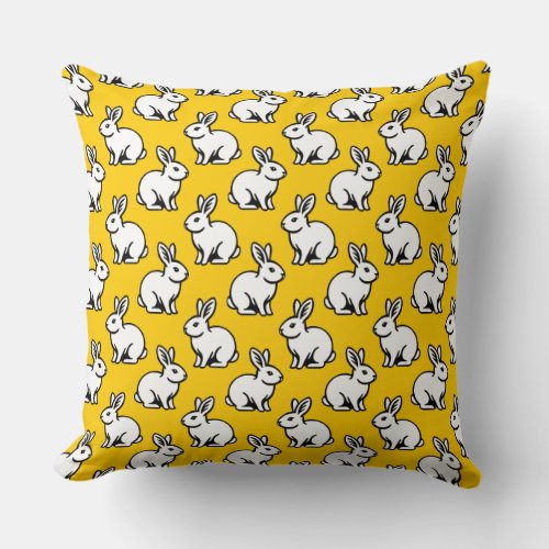 Rabbits Pattern _ Black and White with Amber Throw Pillow