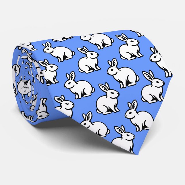 Rabbits Pattern - Black and White with Baby Blue Neck Tie (Rolled)