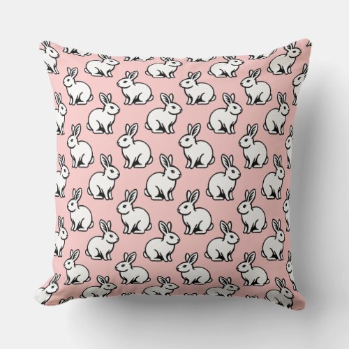 Rabbits Pattern _ Black and White with Faded Pink Throw Pillow