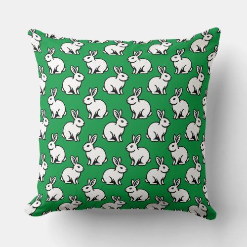 Rabbits Pattern _ Black and White with Kelly Green Throw Pillow