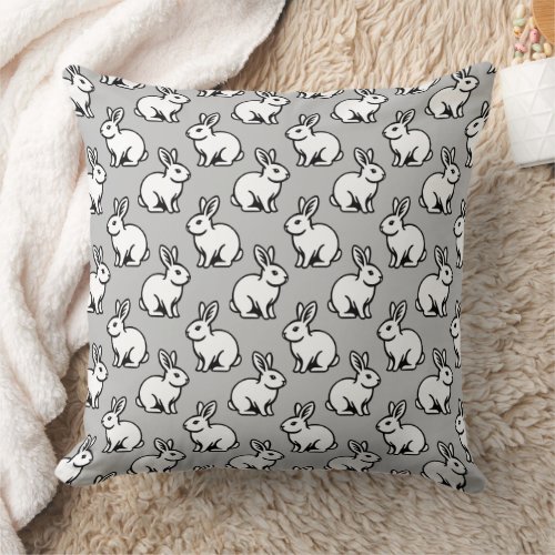 Rabbits Pattern _ Black and White with Light Gray Throw Pillow