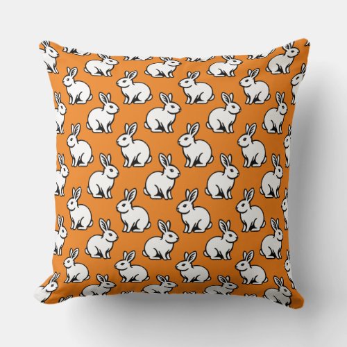 Rabbits Pattern _ Black and White with Orange Throw Pillow