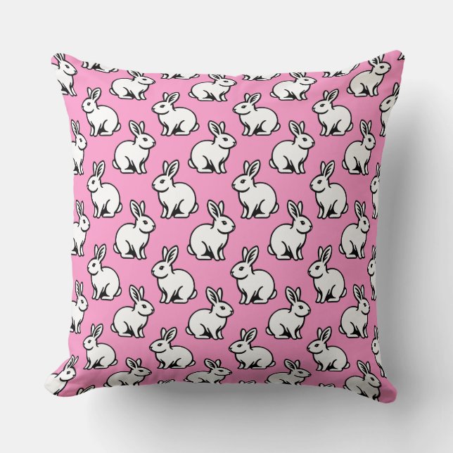 Rabbits Pattern - Black and White with Pink Throw Pillow (Front)