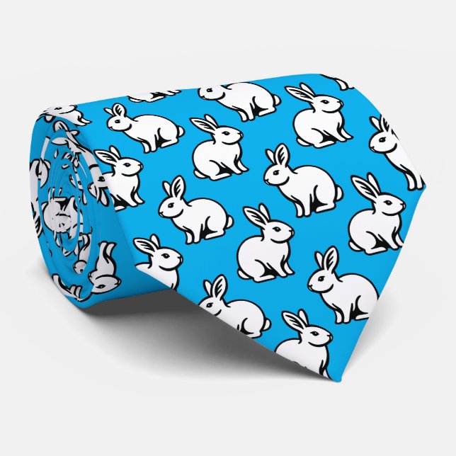Rabbits Pattern - Black and White with Sky Blue Neck Tie (Rolled)