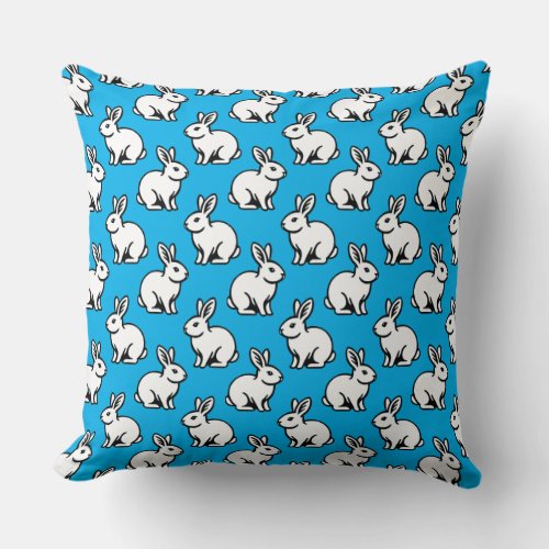 Rabbits Pattern _ Black and White with Sky Blue Throw Pillow