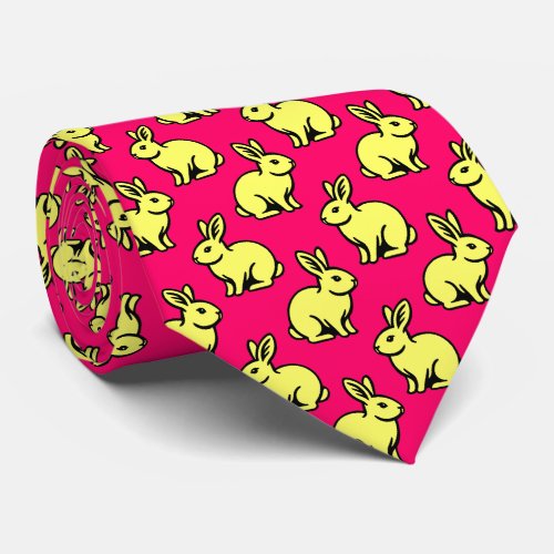 Rabbits Pattern _ Lt Yellow Black and Neon Red Neck Tie