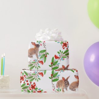 Rabbits Red Cherry  Blossoms Green Leaves 
