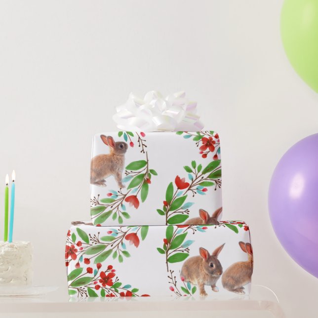 Rabbits Red Cherry  Blossoms Green Leaves  Wrapping Paper (Party Gifts)