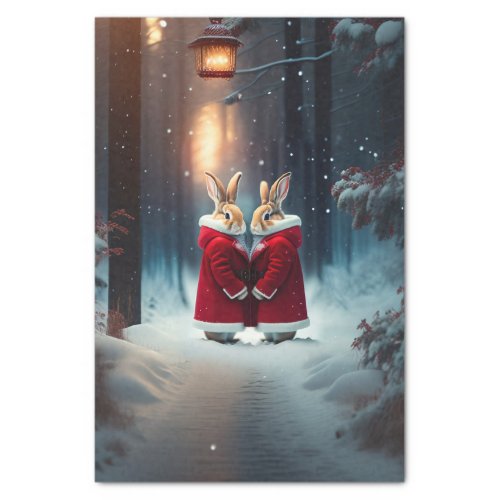 Rabbits Red Coats Snow Forest Illustration Tissue Paper