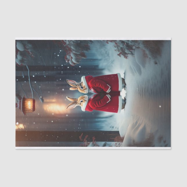 Rabbits Red Coats Snow Forest Illustration Tissue Paper (Front)