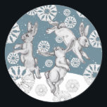 Rabbits & Snowflakes Fun Blue Winter Christmas Art Classic Round Sticker<br><div class="desc">My whimsical bunny rabbit pencil drawings and bunny-pattern hand cut paper snowflakes will make a cute addition to your gift wrap,  Christmas card envelopes,  or fridge! A nice seasonal decoration for Christmas or any other winter occasion. Perfect for an animal or nature lover!</div>