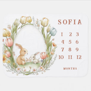 Rabbits Tulips Custom Name Spring Girl Milestone Baby Blanket