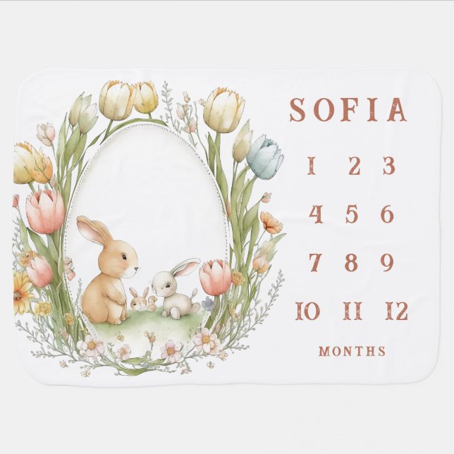 Rabbits Tulips Custom Name Spring Girl Milestone Baby Blanket (Horizontal)