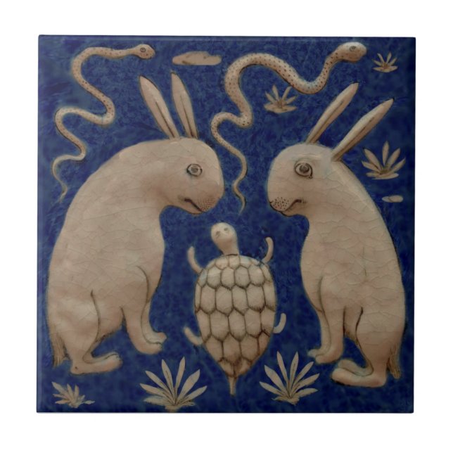 Rabbits Turtle Snakes Antique Persian Repro Ceramic Tile (Front)