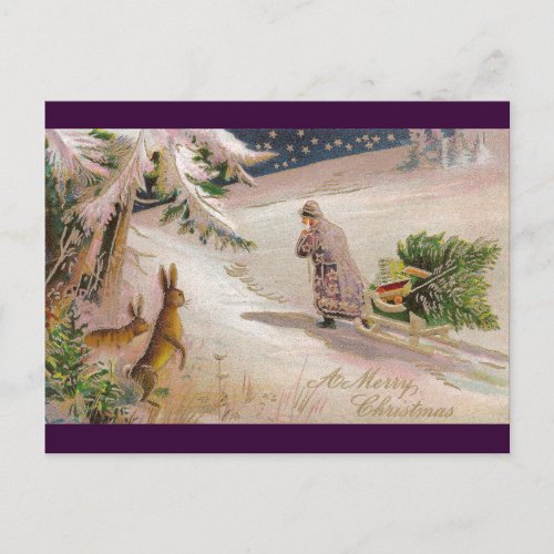 Rabbits Watch Santa in Purple Coat Pull Sled Holiday Postcard