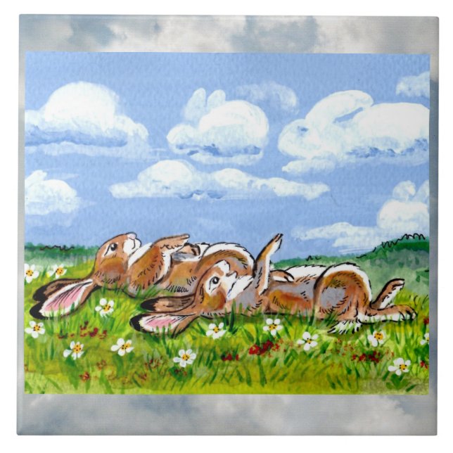 Rabbits Watching Clouds Humorous 6" Tile Trivet (Front)