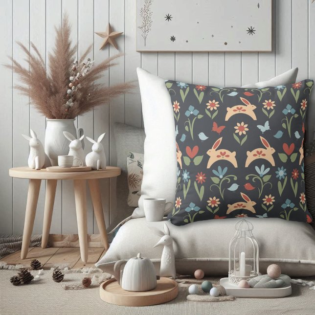 Rabbits Wildflowers Birds Folk Art Throw Pillow (Creator Uploaded)