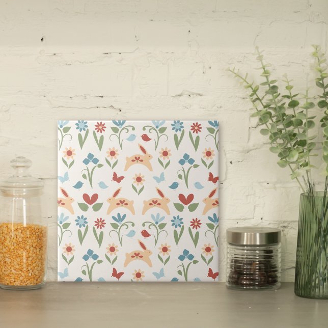 Rabbits Wildflowers Folk Art Pattern Ceramic Tile (Creator Uploaded)