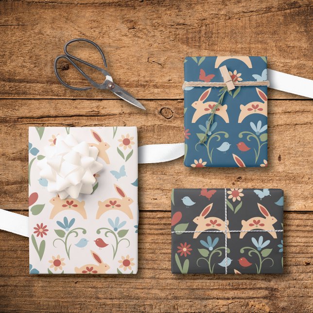 Rabbits Wildflowers Scandinavian Folk Wrapping Paper Sheets (Creator Uploaded)