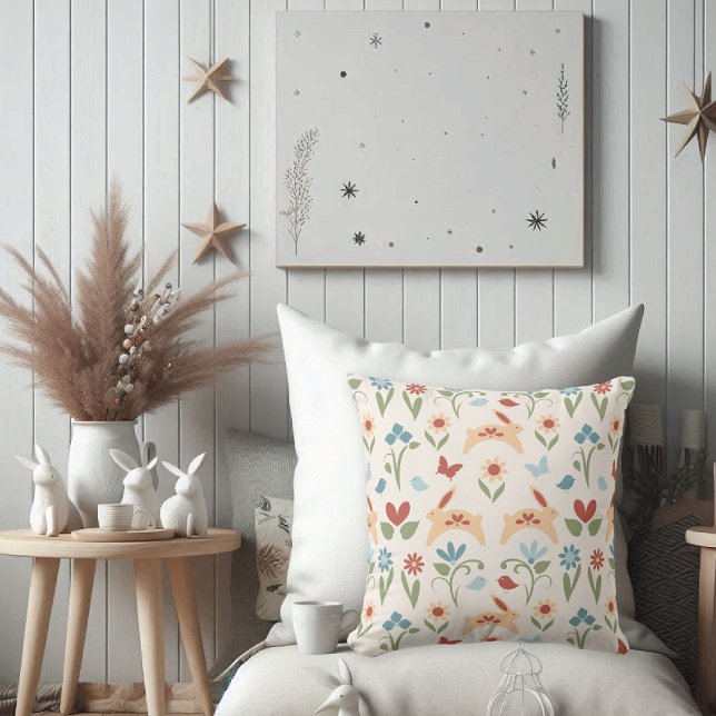 Rabbits with Wildflowers Folk Art Throw Pillow (Creator Uploaded)