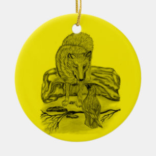 Rabe mit Wolf schwarz gelb Design Ceramic Ornament