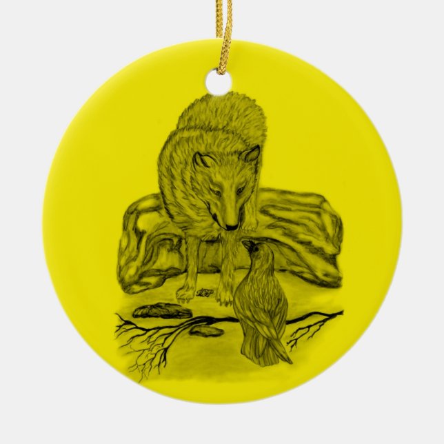 Rabe mit Wolf schwarz gelb Design Ceramic Ornament (Front)