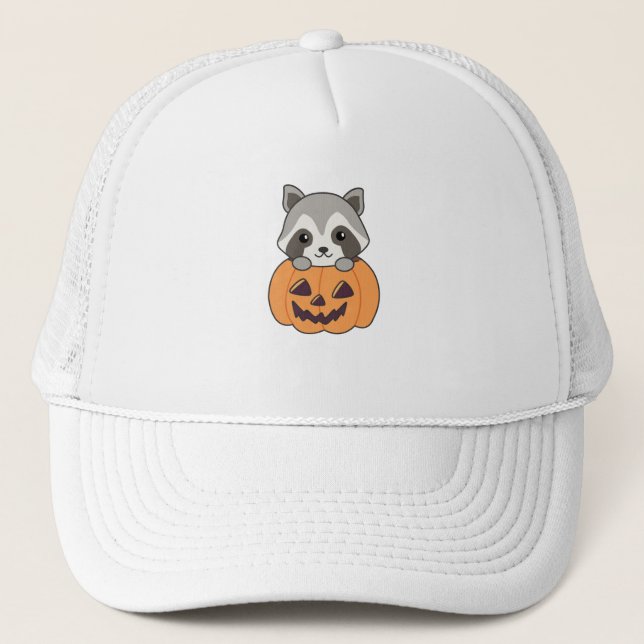 Raccin In Pumpkin Sweet Raccoon Happy Halloween Trucker Hat (Front)