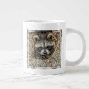 Raccon Nestled Inside a Tree Hollow Giant Coffee Mug