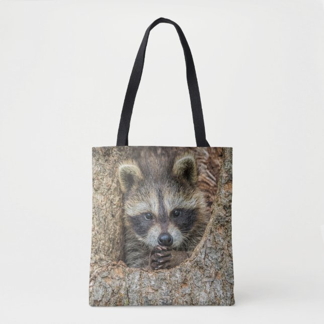 Raccon Nestled Inside a Tree Hollow Tote Bag (Front)