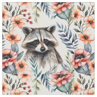Raccoon among flowers fabric