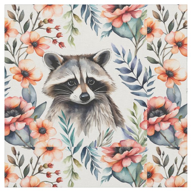 Raccoon among flowers fabric (Close Up)