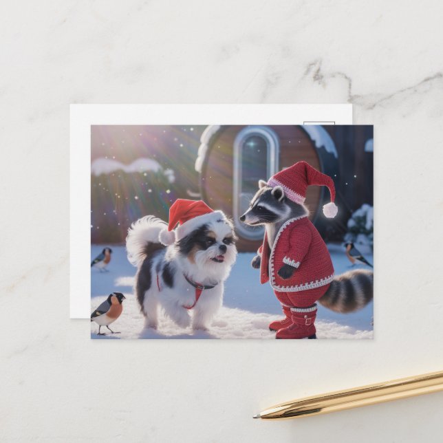 Raccoon and a Dog Festive Christmas Postcard (Front/Back In Situ)