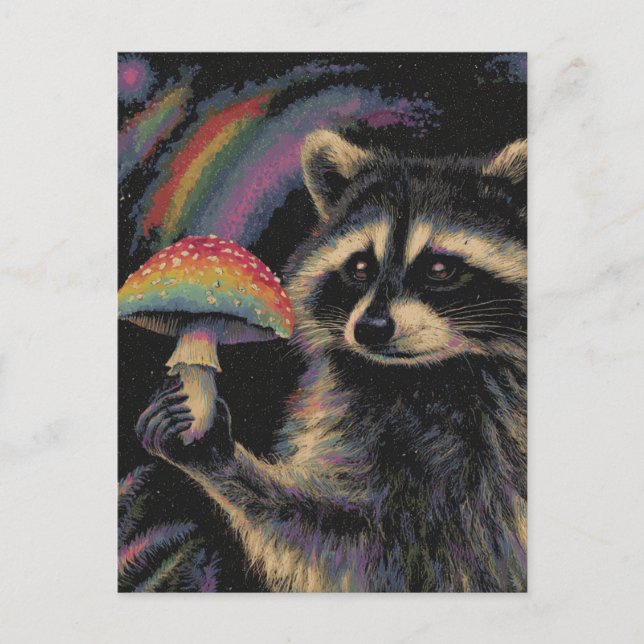 Raccoon and a Mushroom at Night Postcard (Front)