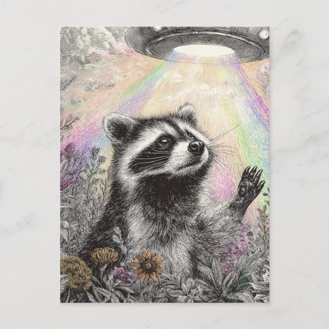 Raccoon and a UFO Postcard (Front)