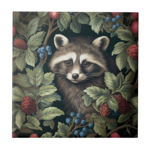 Raccoon and berries inspired by William Morris Ceramic Tile