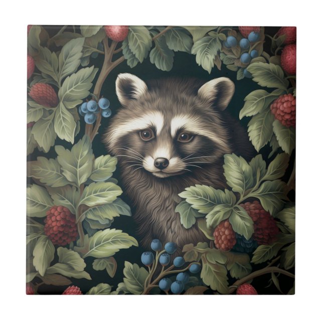 Raccoon and berries inspired by William Morris Ceramic Tile (Front)