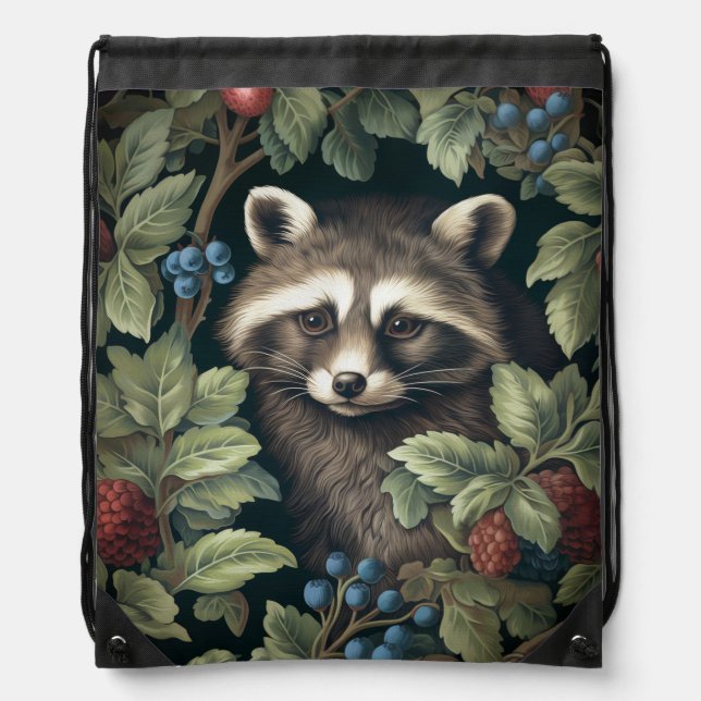 Raccoon and berries inspired by William Morris Drawstring Bag (Front)