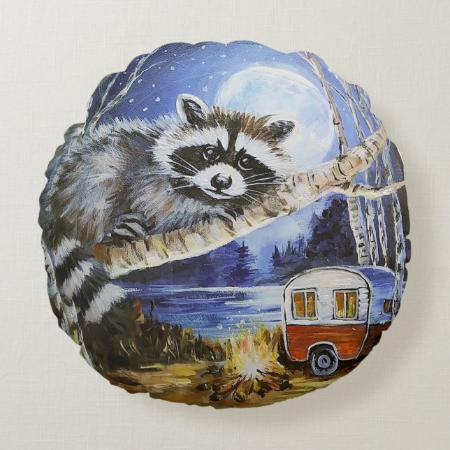 Raccoon and Camper Round Throw Pillow (Front)