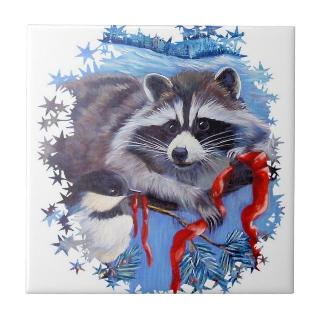 Raccoon and Chickadee Winter ceramic tile (Front)
