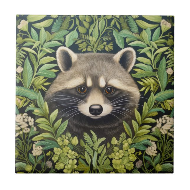 Raccoon and foliage art nouveau style ceramic tile (Front)