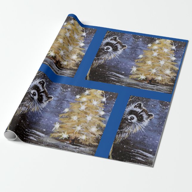 Raccoon and Golden Christmas Tree Wrapping Paper (Unrolled)