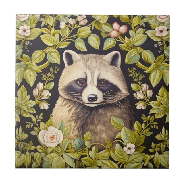 Raccoon and green leaves inspired William Morris Ceramic Tile (Front)
