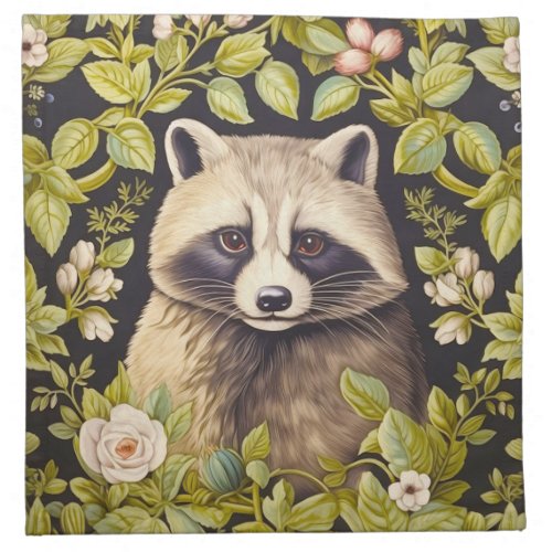 Raccoon and green leaves inspired William Morris Cloth Napkin