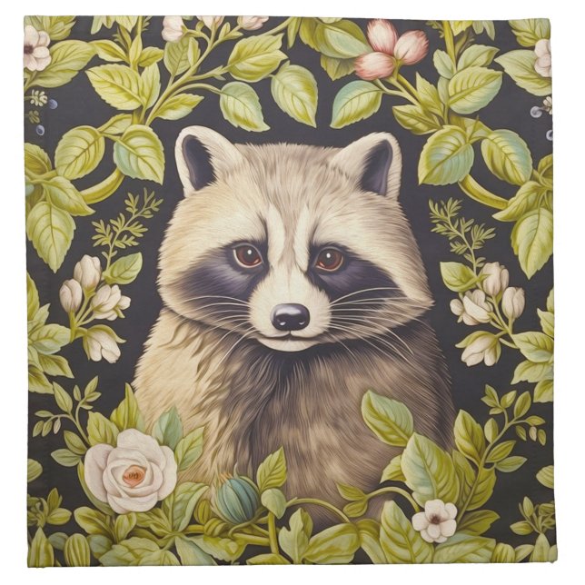 Raccoon and green leaves inspired William Morris Cloth Napkin (Front)