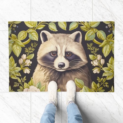 Raccoon and green leaves inspired William Morris Doormat